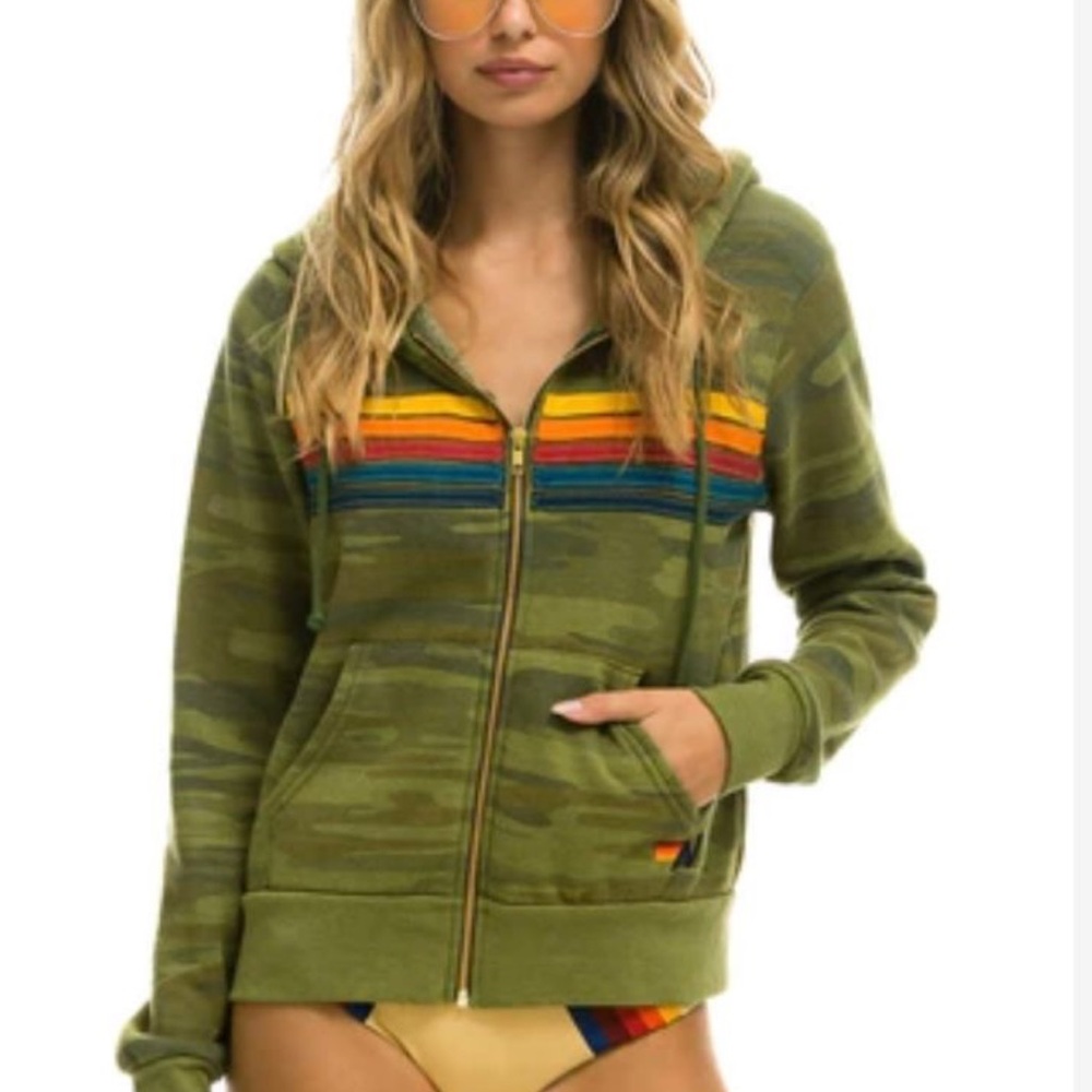 Aviator Nation Green Camo Long Sleeve Stripe Hoodie